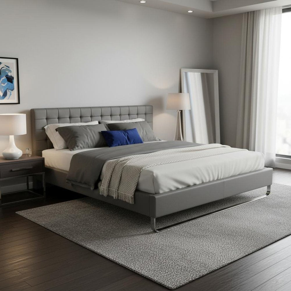 Gray Tufted Faux Leather Upholstered King Sleigh Bed — view 6