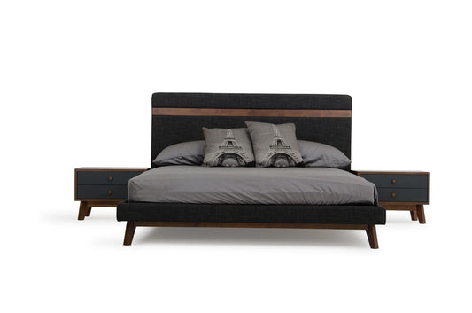 Modern Grey Fabric & Walnut Queen Bed - FurniFindUSA