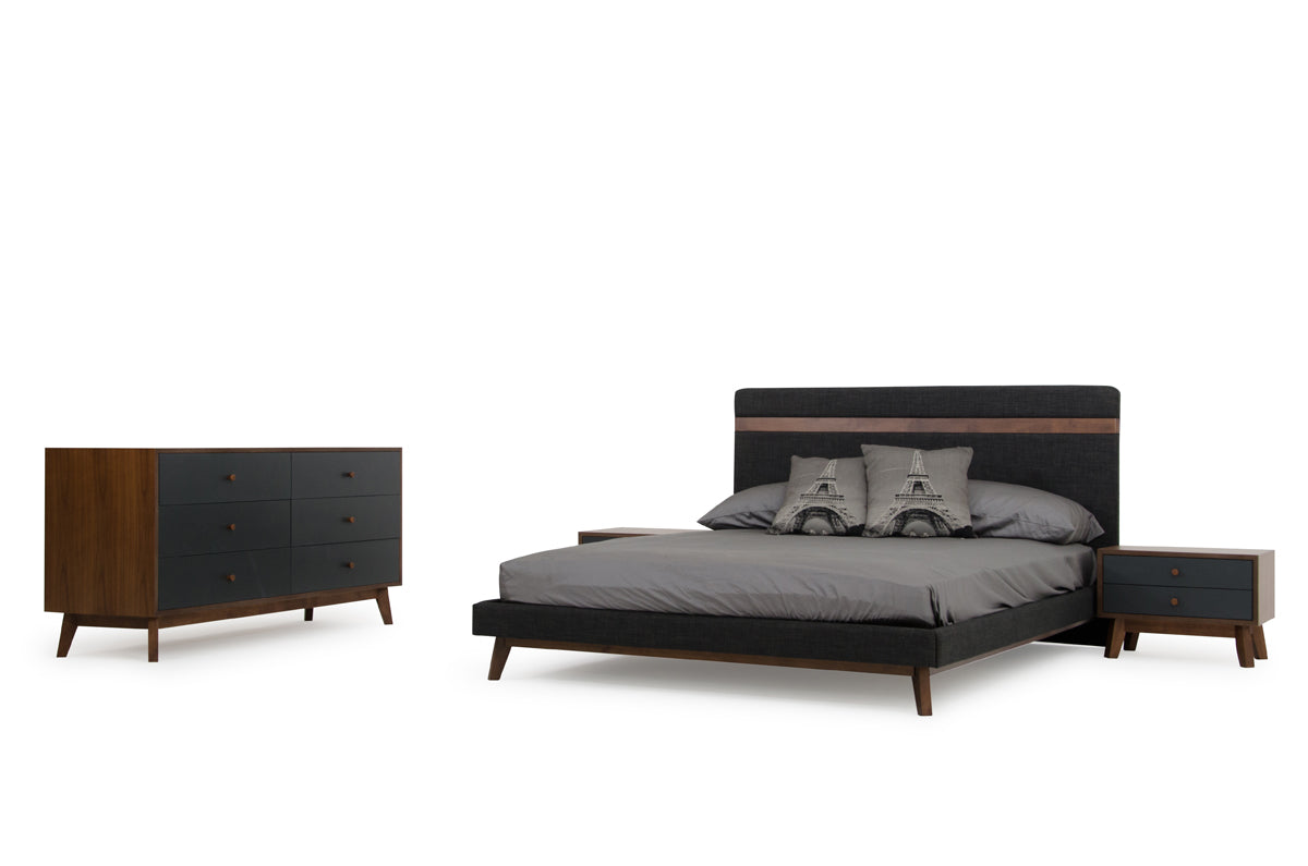 Modern Grey Fabric & Walnut Queen Bed