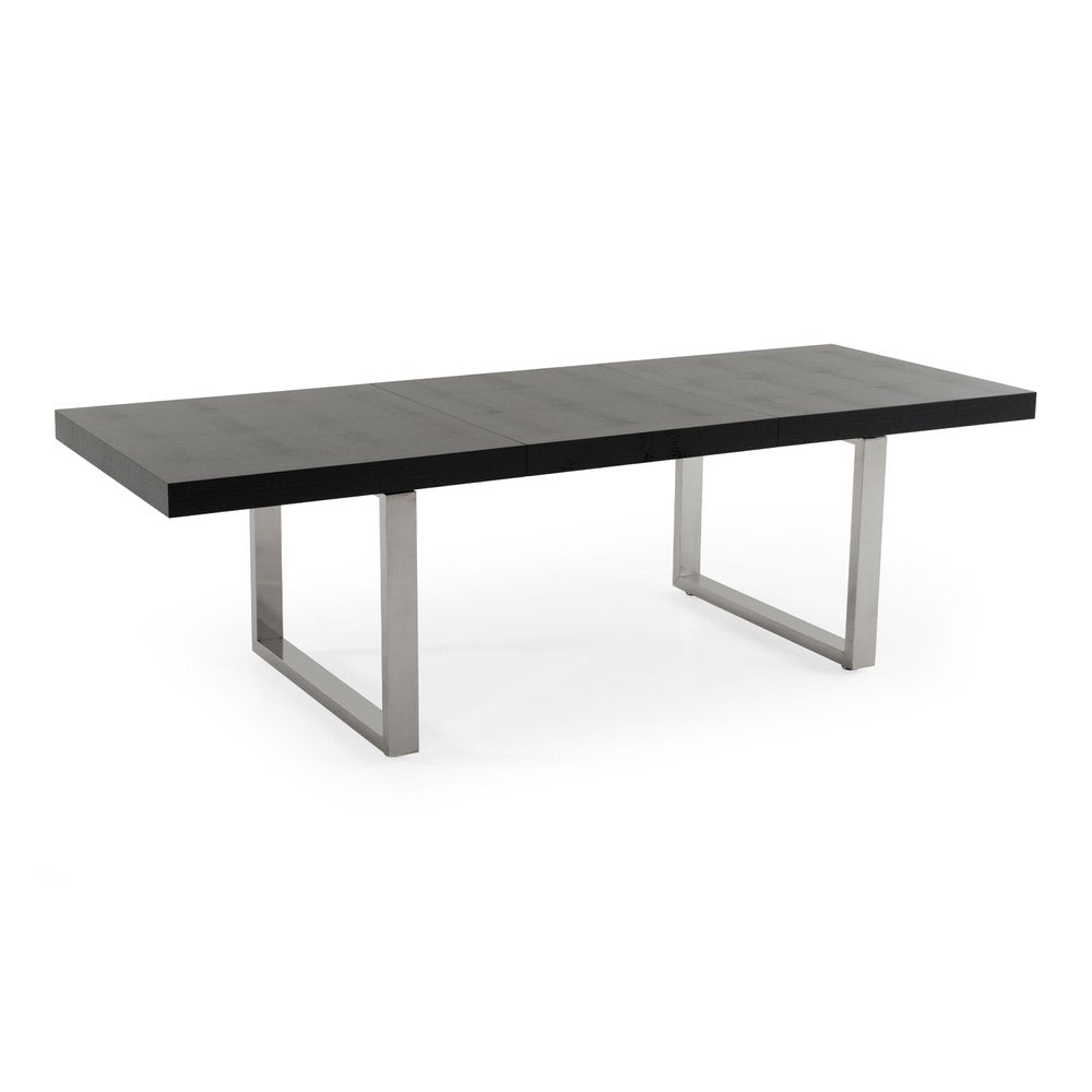 71" Black and Silver Wood and Stainless Steel Removable Leaf Sled Base Extendable Dining Table — view 1