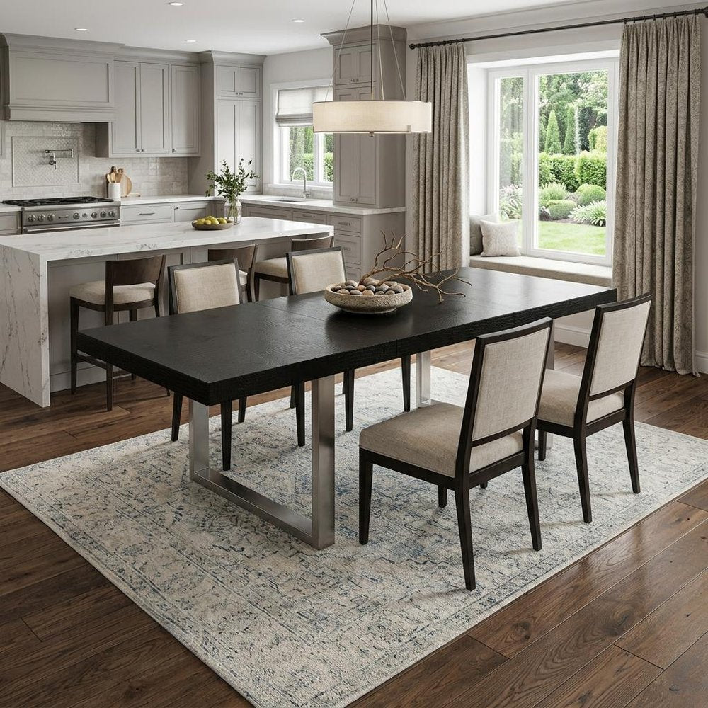 71" Black and Silver Wood and Stainless Steel Removable Leaf Sled Base Extendable Dining Table — view 7