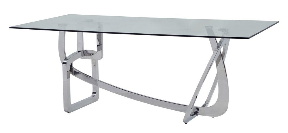 79" Clear And Silver Glass And Stainless Steel Trestle Base Dining Table HomeRoots