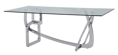 79" Clear And Silver Glass And Stainless Steel Trestle Base Dining Table HomeRoots