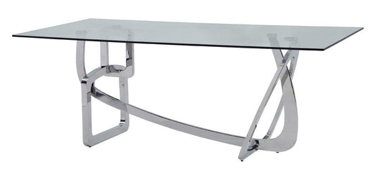 79" Clear And Silver Glass And Stainless Steel Trestle Base Dining Table HomeRoots