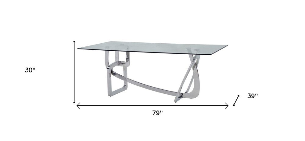 79" Clear And Silver Glass And Stainless Steel Trestle Base Dining Table HomeRoots