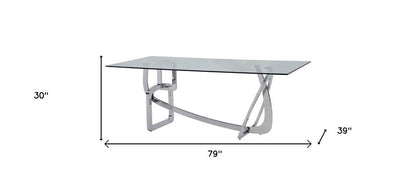 79" Clear And Silver Glass And Stainless Steel Trestle Base Dining Table HomeRoots