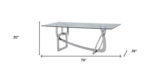 79" Clear And Silver Glass And Stainless Steel Trestle Base Dining Table HomeRoots