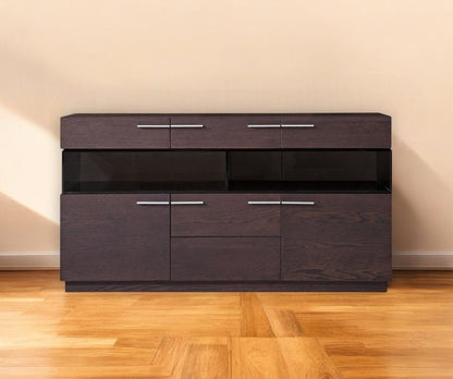 59" Brown Solid Wood Sideboard with Glass Doors HomeRoots