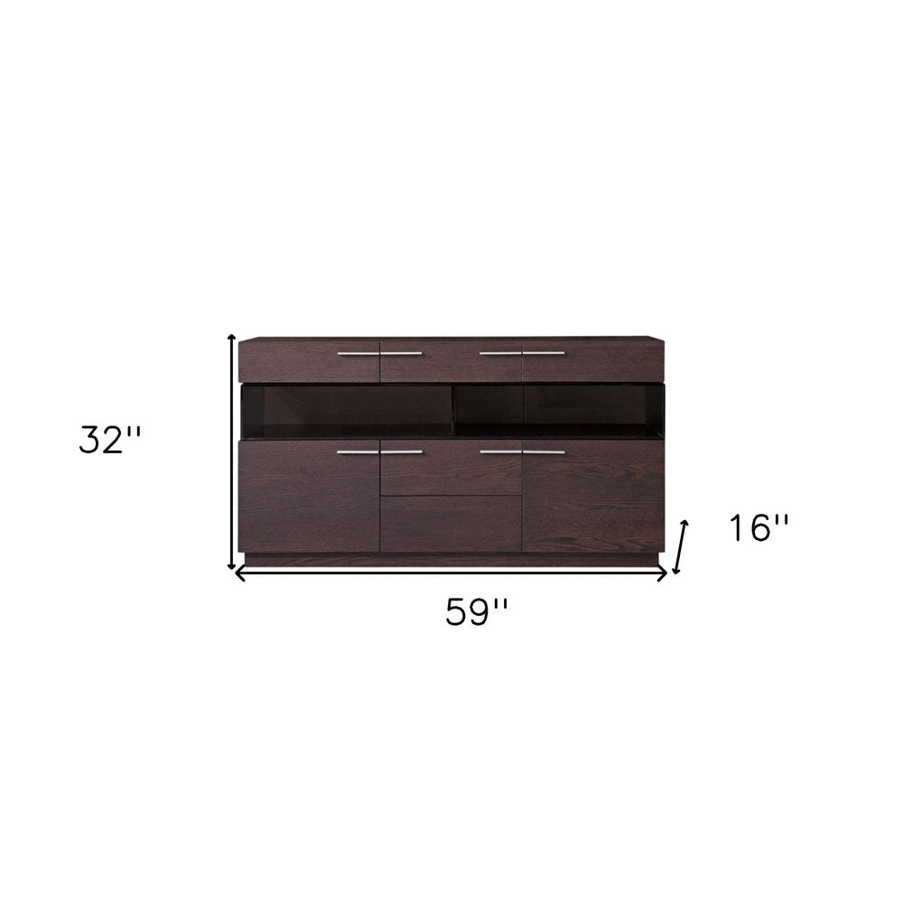 59" Brown Solid Wood Sideboard with Glass Doors HomeRoots