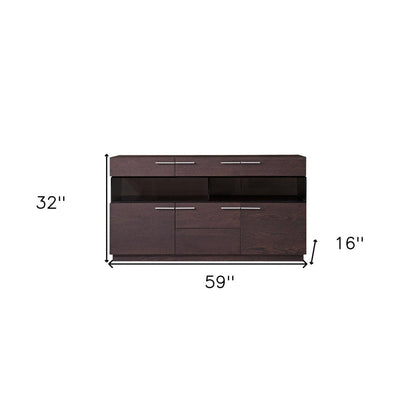 59" Brown Solid Wood Sideboard with Glass Doors HomeRoots