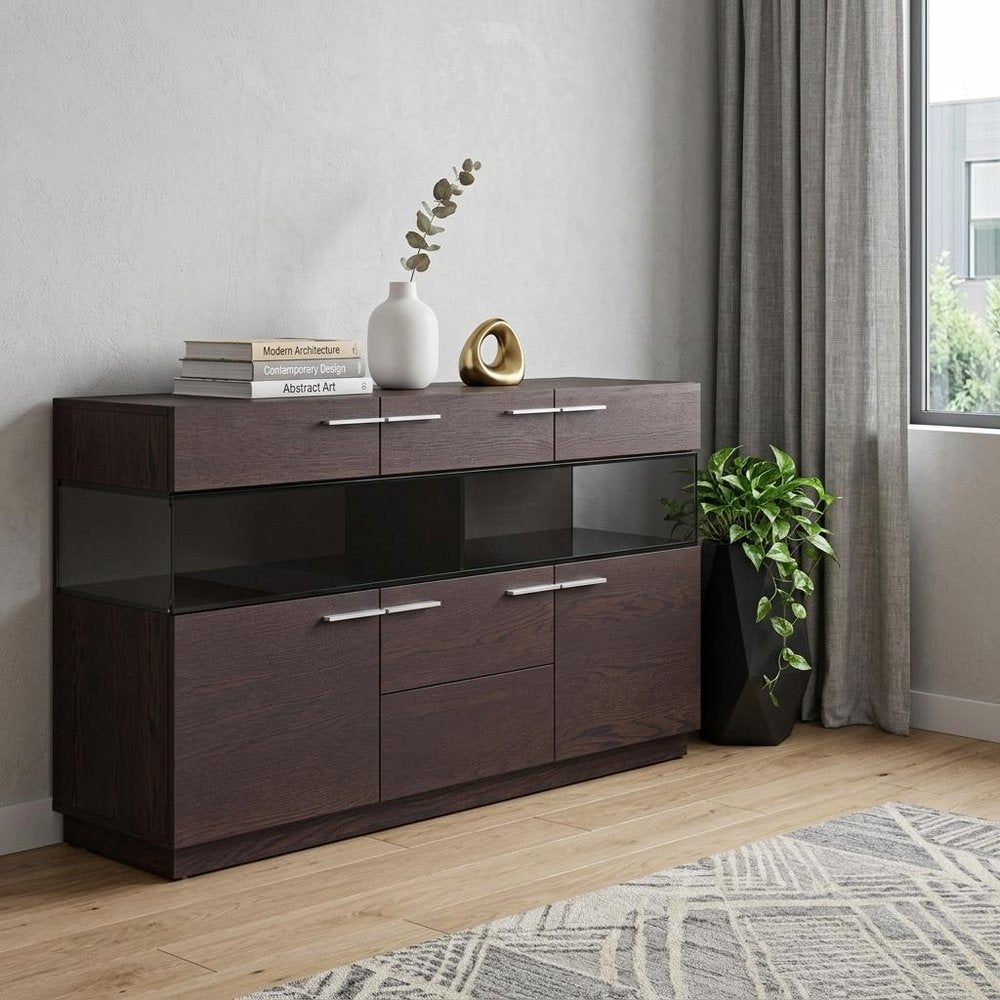 59" Brown Solid Wood Sideboard with Glass Doors HomeRoots