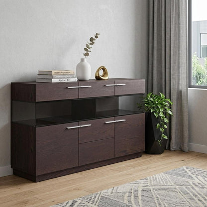 59" Brown Solid Wood Sideboard with Glass Doors HomeRoots