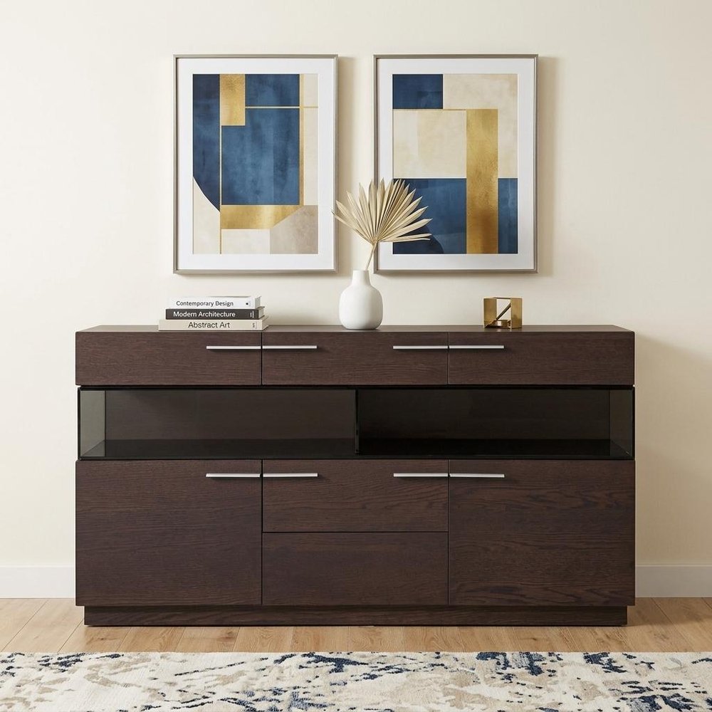 59" Brown Solid Wood Sideboard with Glass Doors HomeRoots