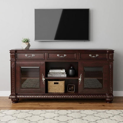 65" Dark Brown Solid Wood Enclosed and Open Storage TV Stand HomeRoots