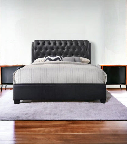 Queen Tufted Black Upholstered Faux Leather Bed With Nailhead Trim - FurniFindUSA