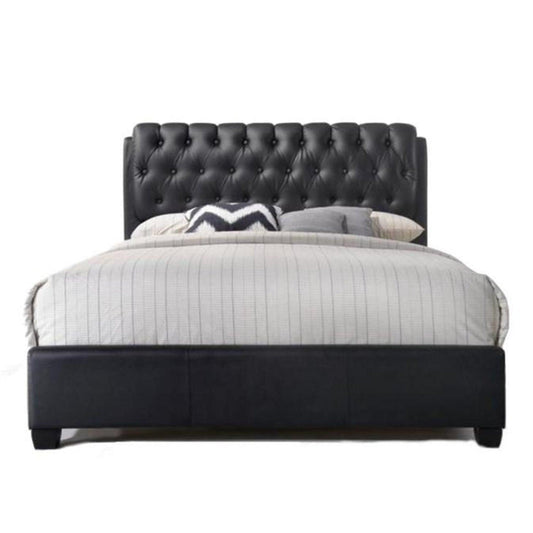 King Tufted Black Upholstered Faux Leather Bed With Nailhead Trim - FurniFindUSA