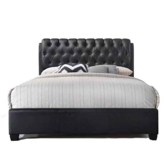 Queen Tufted Black Upholstered Faux Leather Bed With Nailhead Trim - FurniFindUSA