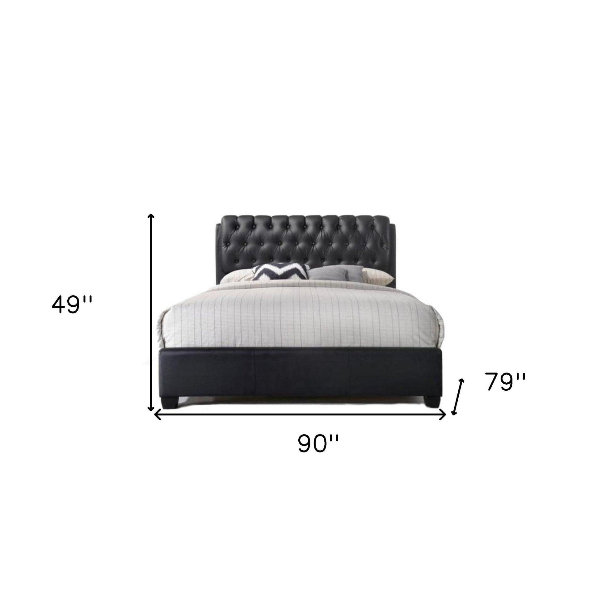 Queen Tufted Black Upholstered Faux Leather Bed With Nailhead Trim - FurniFindUSA