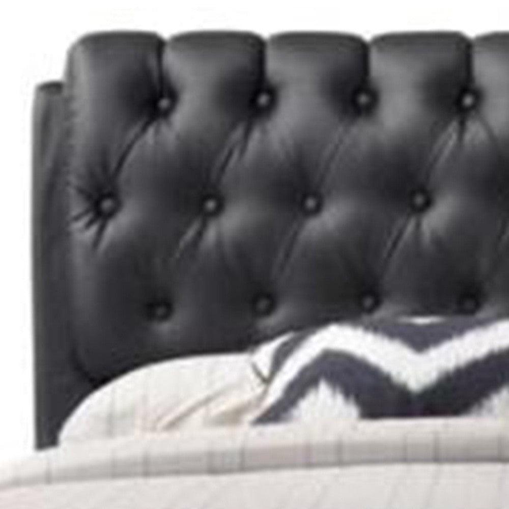 Queen Tufted Black Upholstered Faux Leather Bed With Nailhead Trim - FurniFindUSA