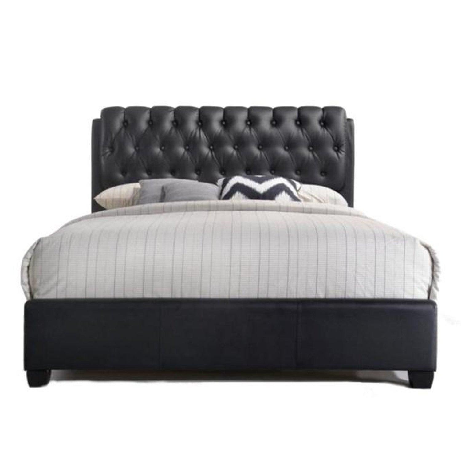 Queen Tufted Black Upholstered Faux Leather Bed With Nailhead Trim - FurniFindUSA