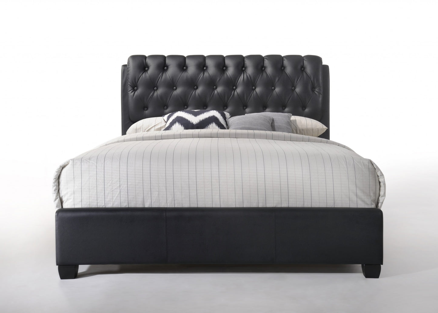 Queen Tufted Black Upholstered Faux Leather Bed With Nailhead Trim - FurniFindUSA