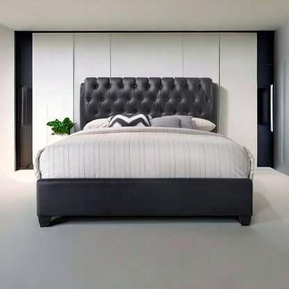 Queen Tufted Black Upholstered Faux Leather Bed With Nailhead Trim - FurniFindUSA