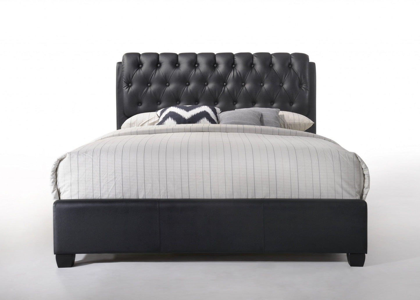 King Tufted Black Upholstered Faux Leather Bed With Nailhead Trim - FurniFindUSA