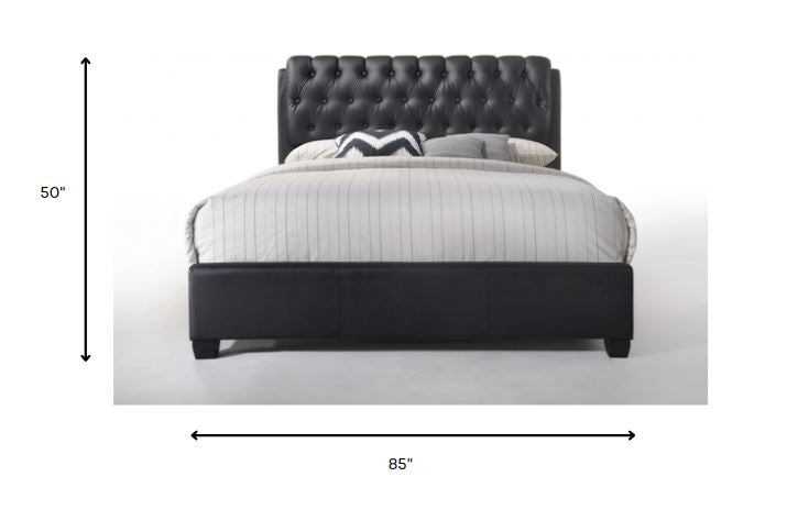 Queen Tufted Black Upholstered Faux Leather Bed With Nailhead Trim - FurniFindUSA