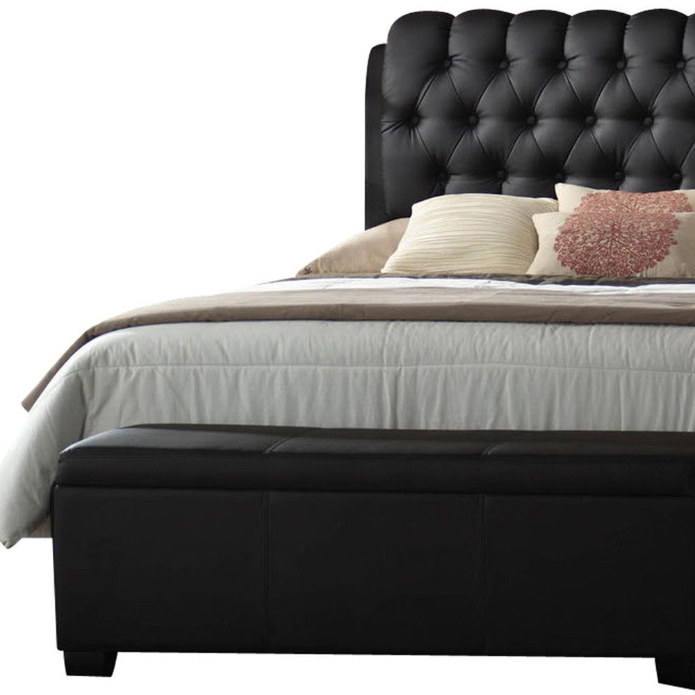 Queen Tufted Black Upholstered Faux Leather Bed With Nailhead Trim - FurniFindUSA