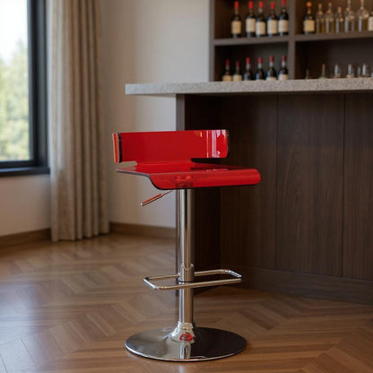 Red And Silver Acrylic And Metal Low Back Adjustable Height Bar Chair HomeRoots
