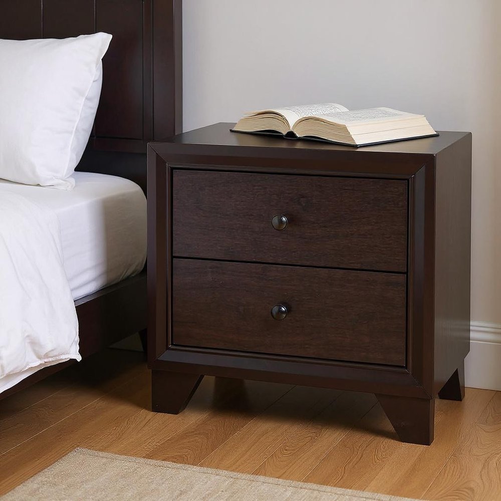 22" Espresso Two Drawers Solid Wood Nightstand HomeRoots