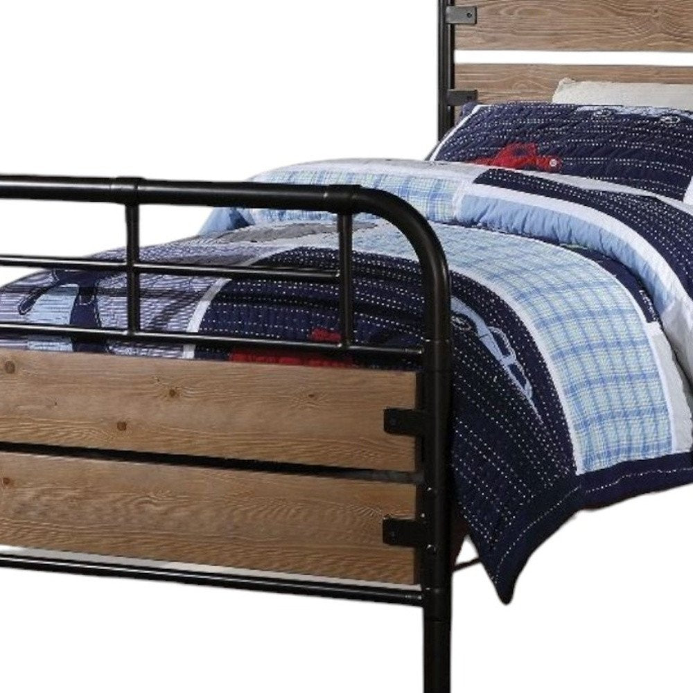 Black And Oak Shiplap Texture Wood and Metal Twin Bed Frame HomeRoots