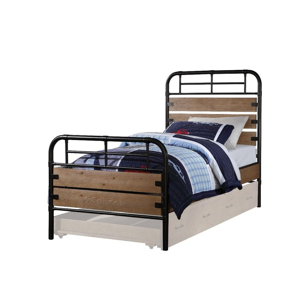 Black And Oak Shiplap Texture Wood and Metal Twin Bed Frame HomeRoots