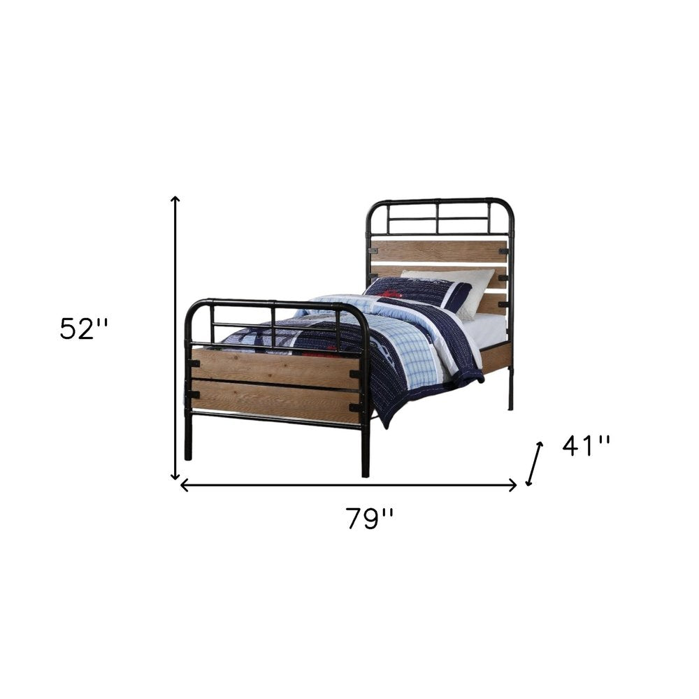 Black And Oak Shiplap Texture Wood and Metal Twin Bed Frame HomeRoots