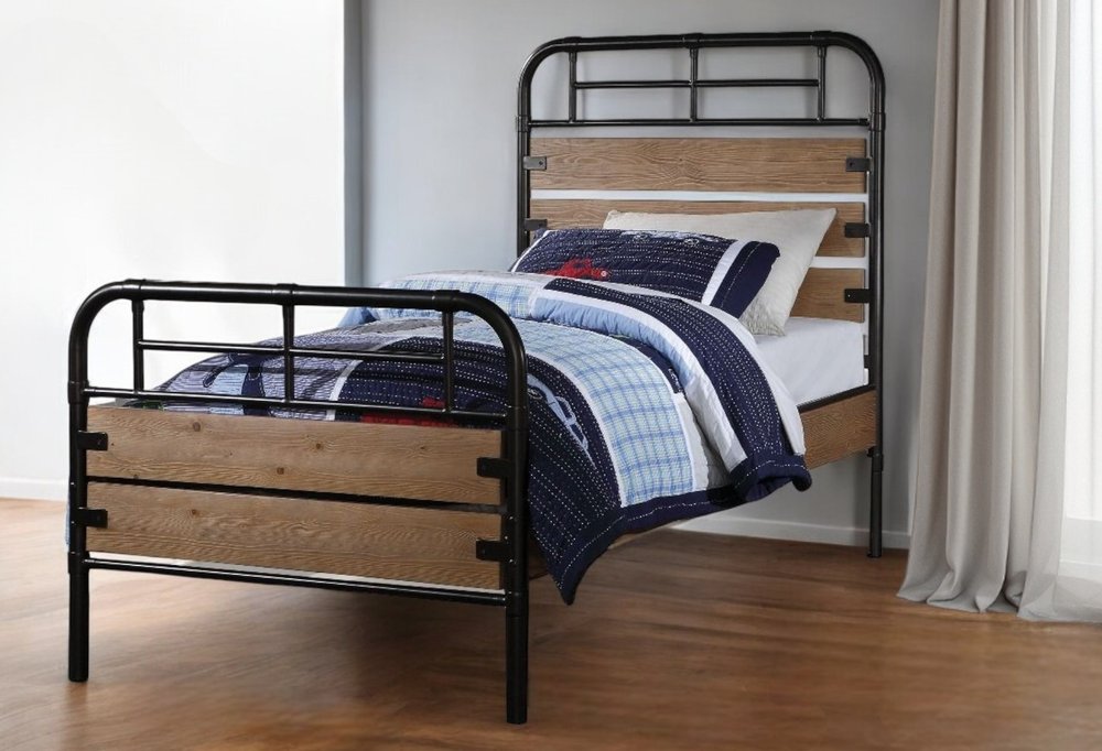 Black And Oak Shiplap Texture Wood and Metal Twin Bed Frame HomeRoots