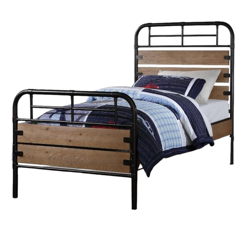 Black And Oak Shiplap Texture Wood and Metal Twin Bed Frame HomeRoots