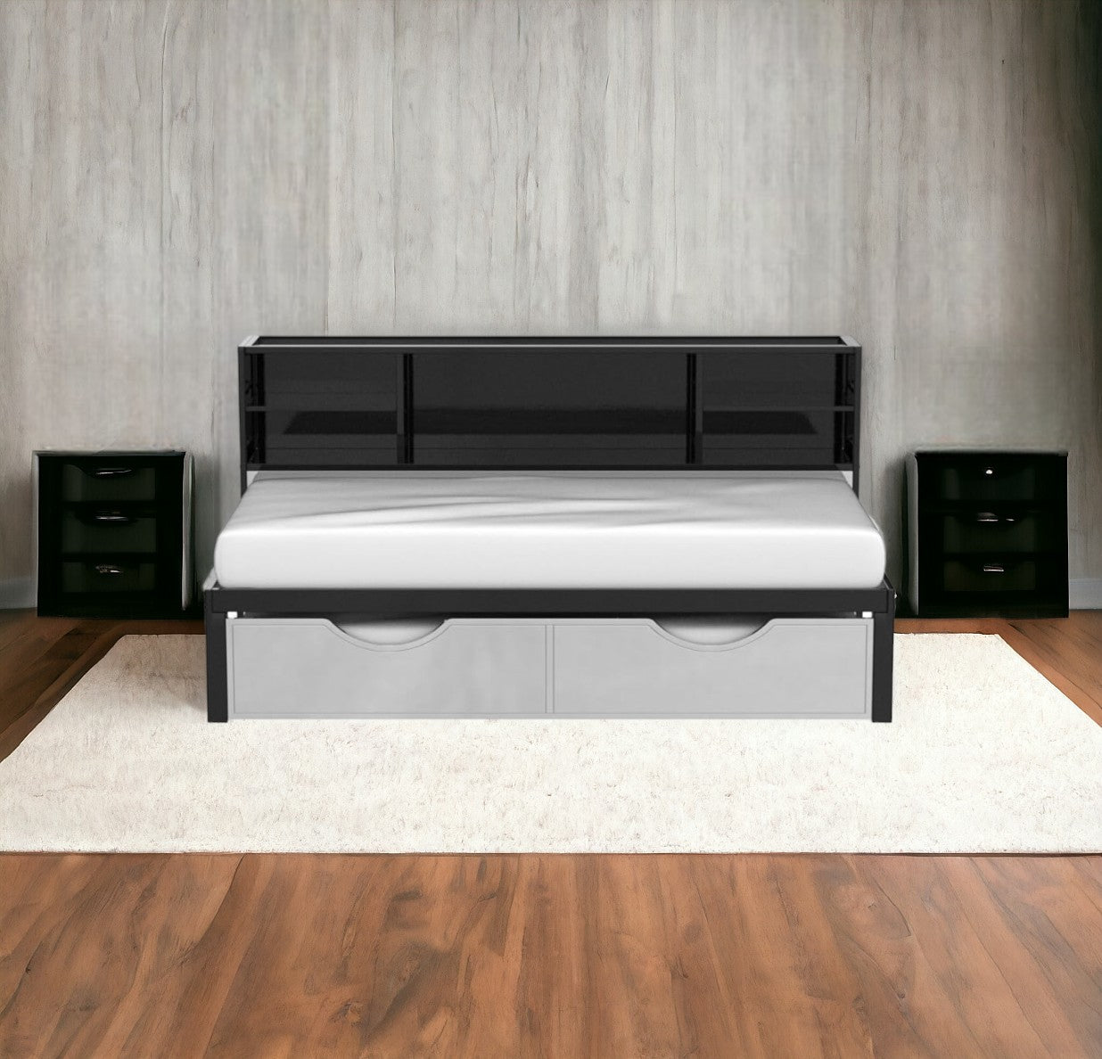 Steel Twin Black and Silver Bed With Trundle