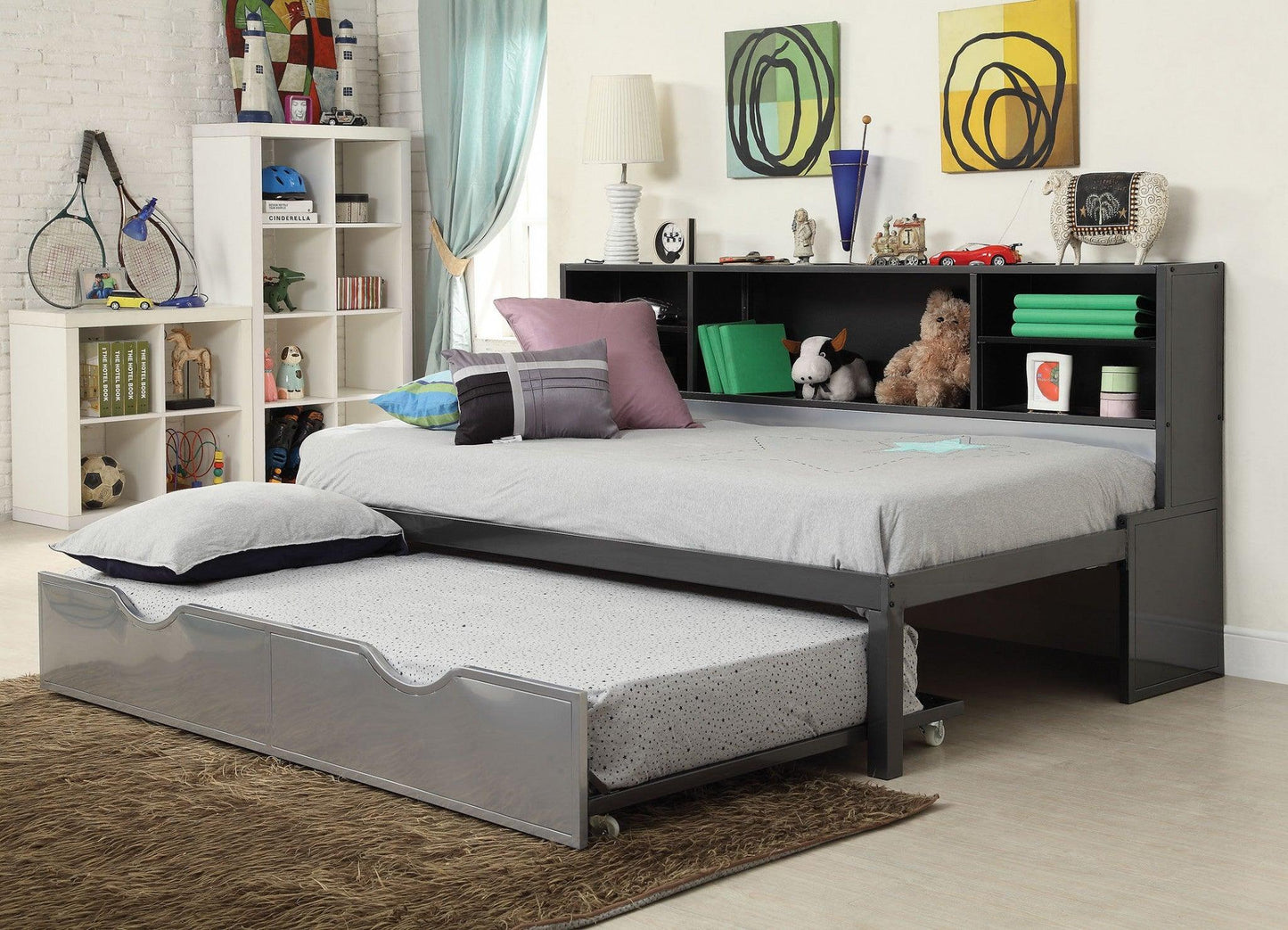 Steel Twin Black and Silver Bed With Trundle - FurniFindUSA