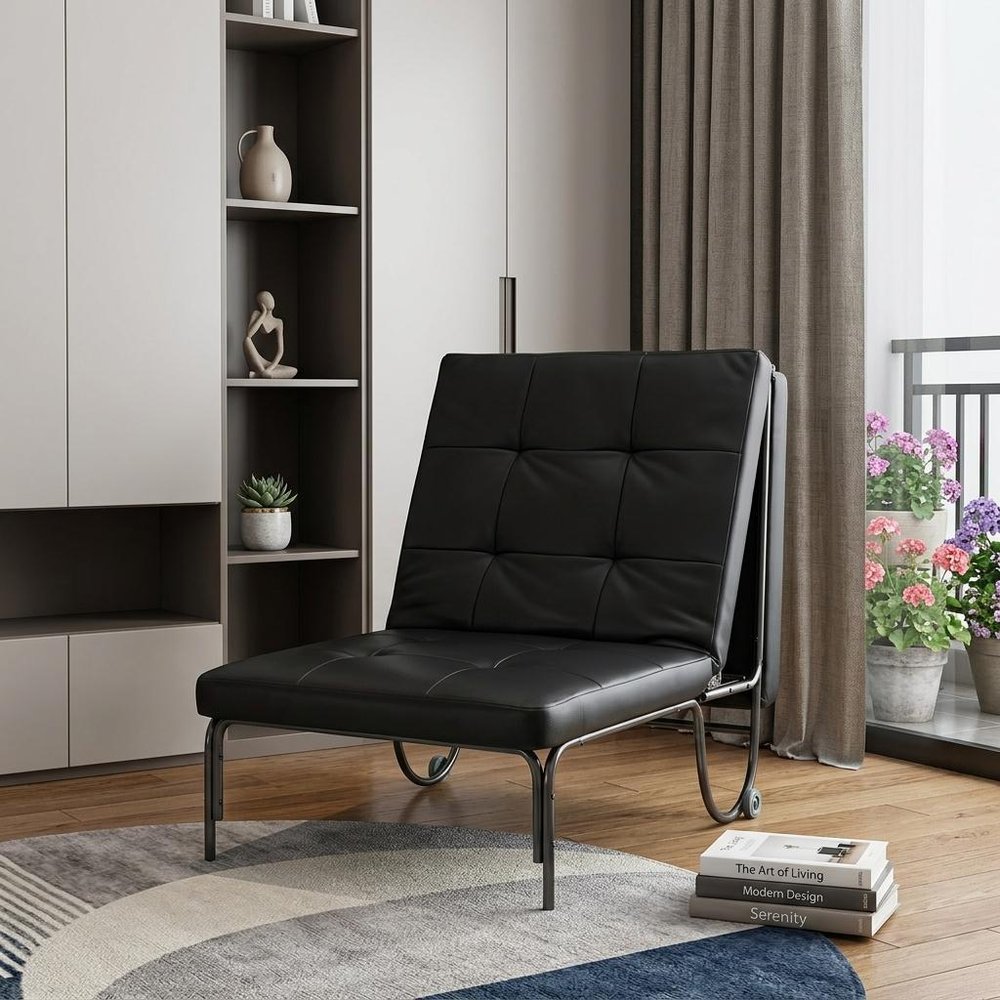75" Black Faux Leather Tufted Convertible Chair HomeRoots