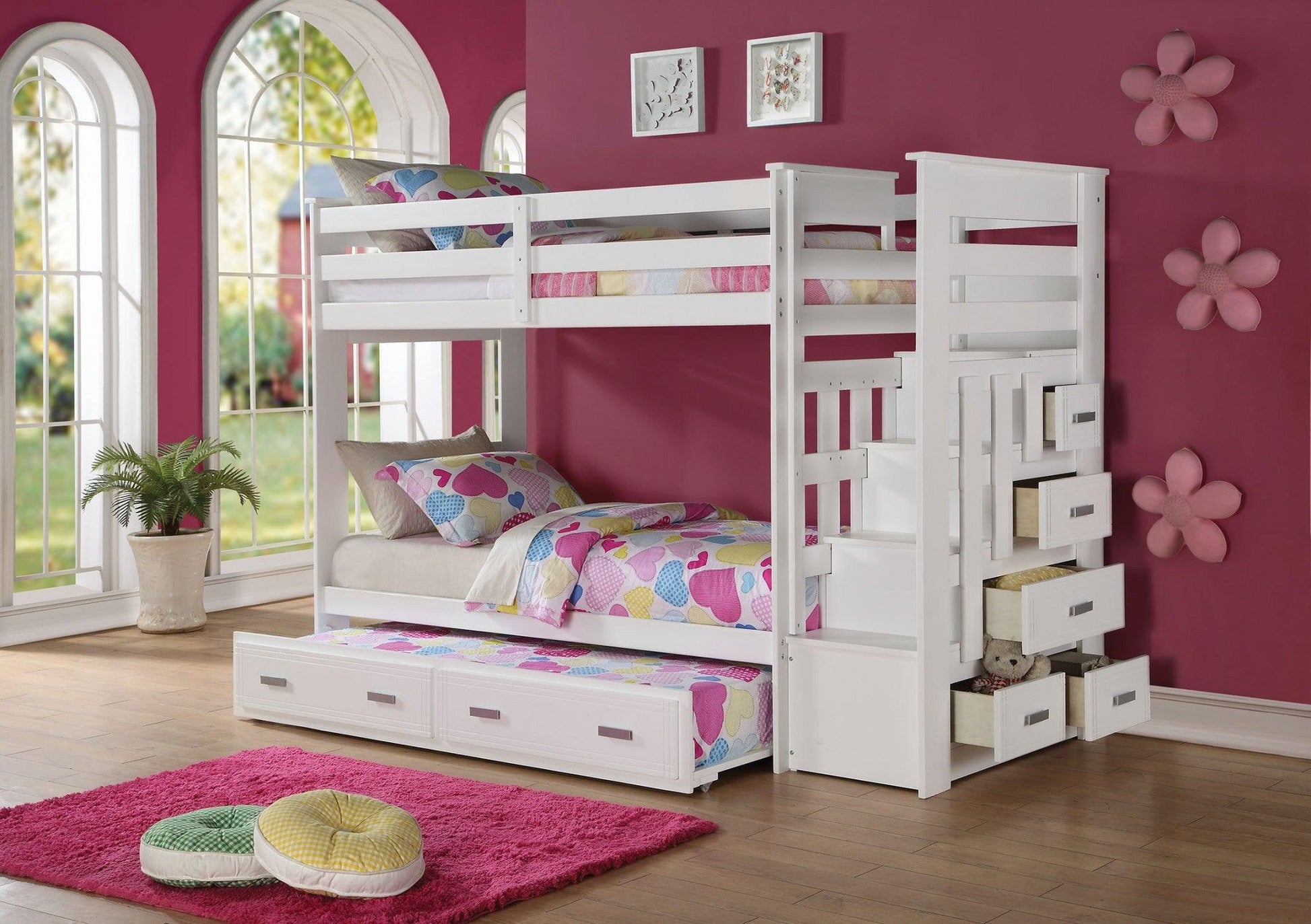 97" X 43" X 68" Twin Over Twin White Storage Ladder And Trundle Bunk Bed - FurniFindUSA
