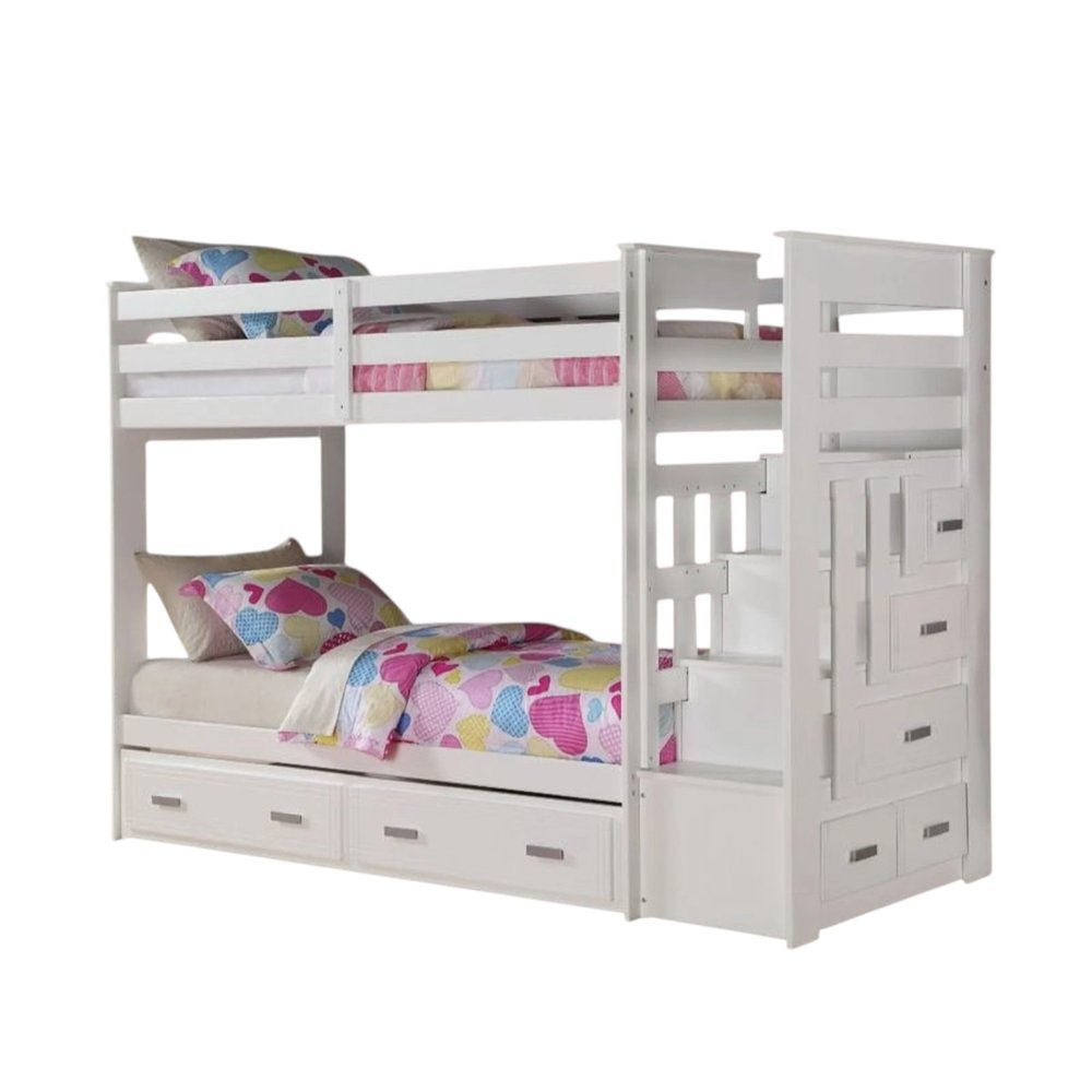 97" X 43" X 68" Twin Over Twin White Storage Ladder And Trundle  Bunk Bed HomeRoots