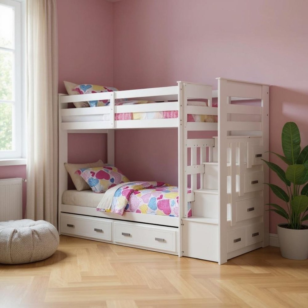 97" X 43" X 68" Twin Over Twin White Storage Ladder And Trundle  Bunk Bed HomeRoots