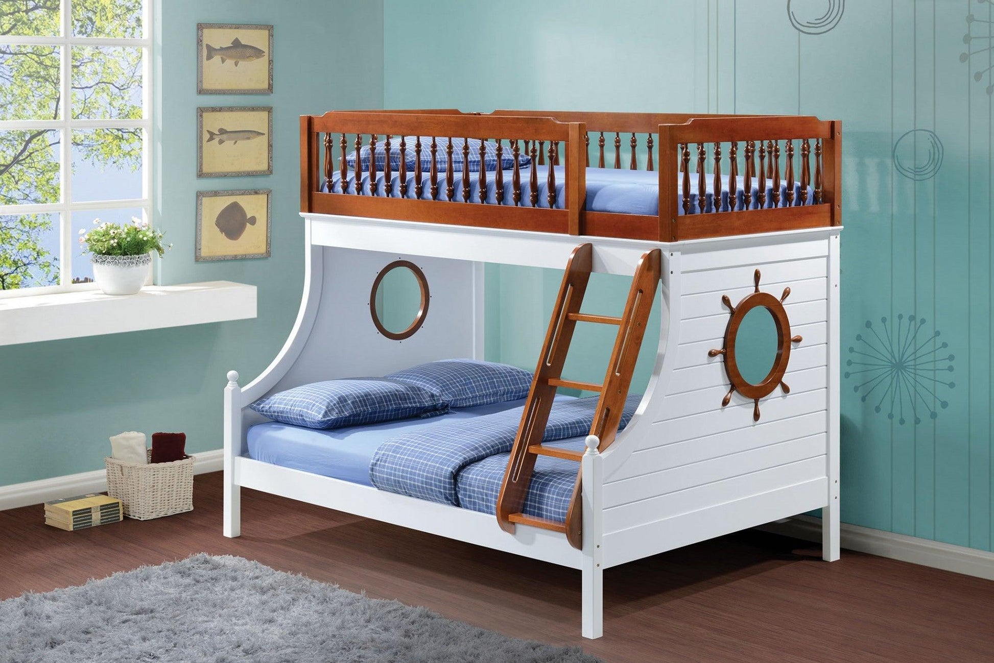 80" X 58" X 69" Twin Over Full Oak And White Bunk Bed - FurniFindUSA