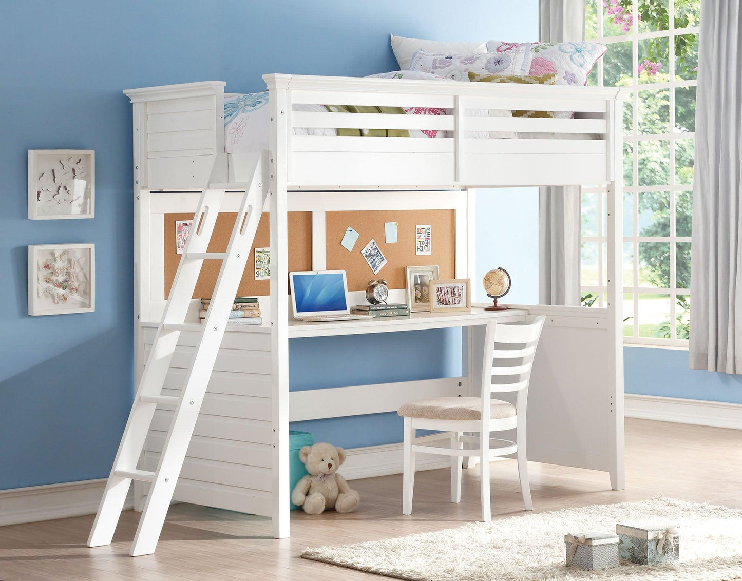 83" X 45" X 74" Twin White Poplar Wood Loft Bed With Desk - FurniFindUSA