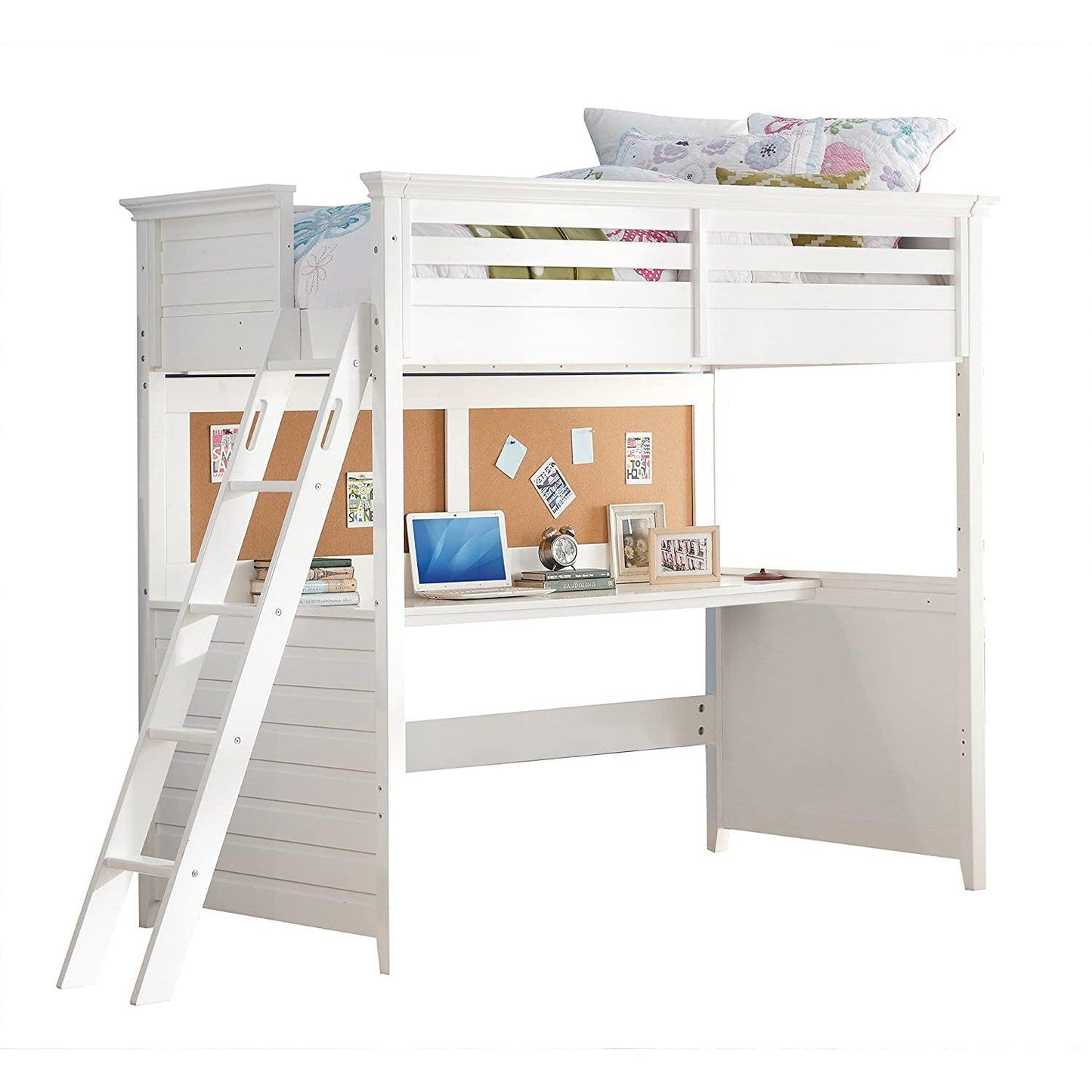 83" X 45" X 74" Twin White Poplar Wood Loft Bed With Desk - FurniFindUSA