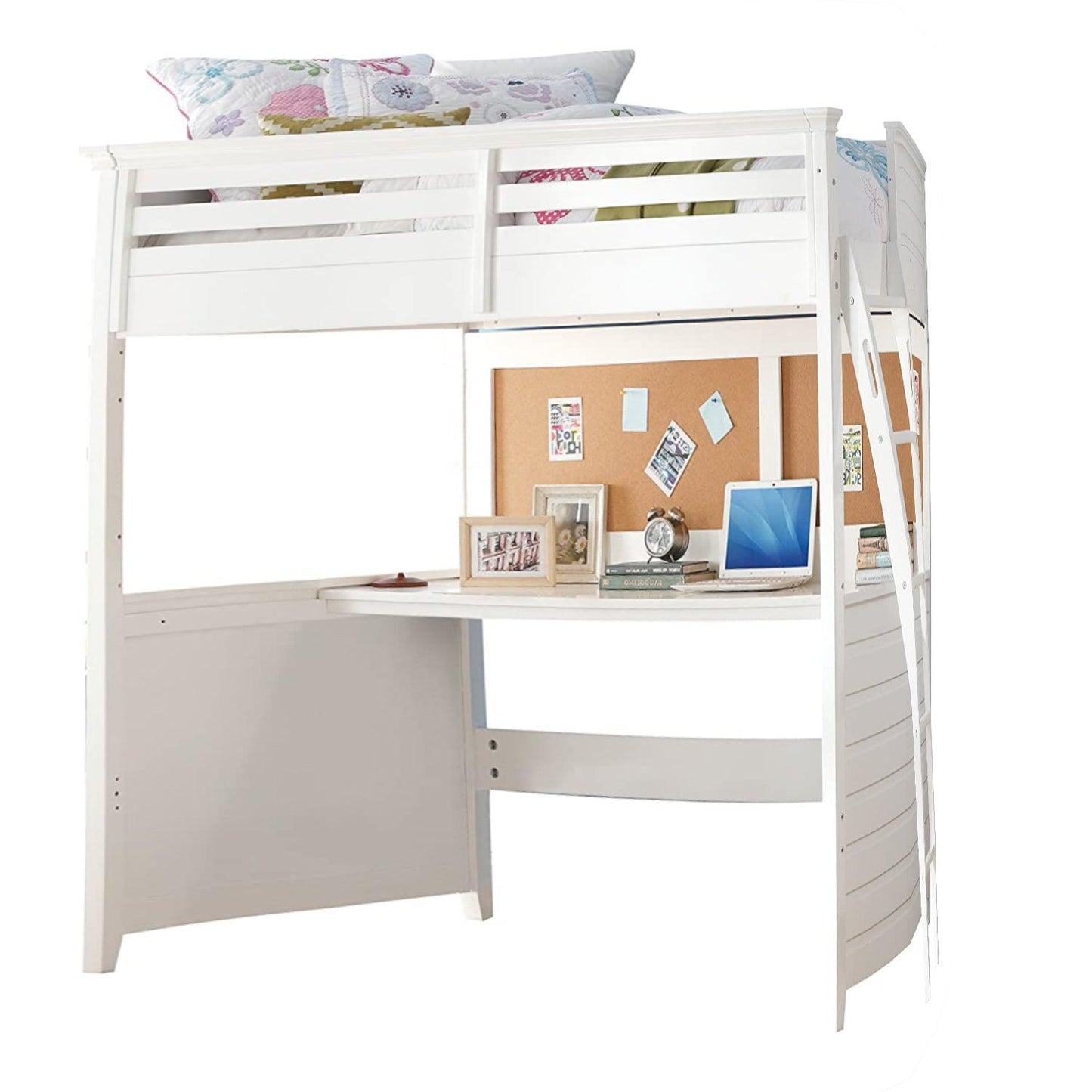 83" X 45" X 74" Twin White Poplar Wood Loft Bed With Desk - FurniFindUSA