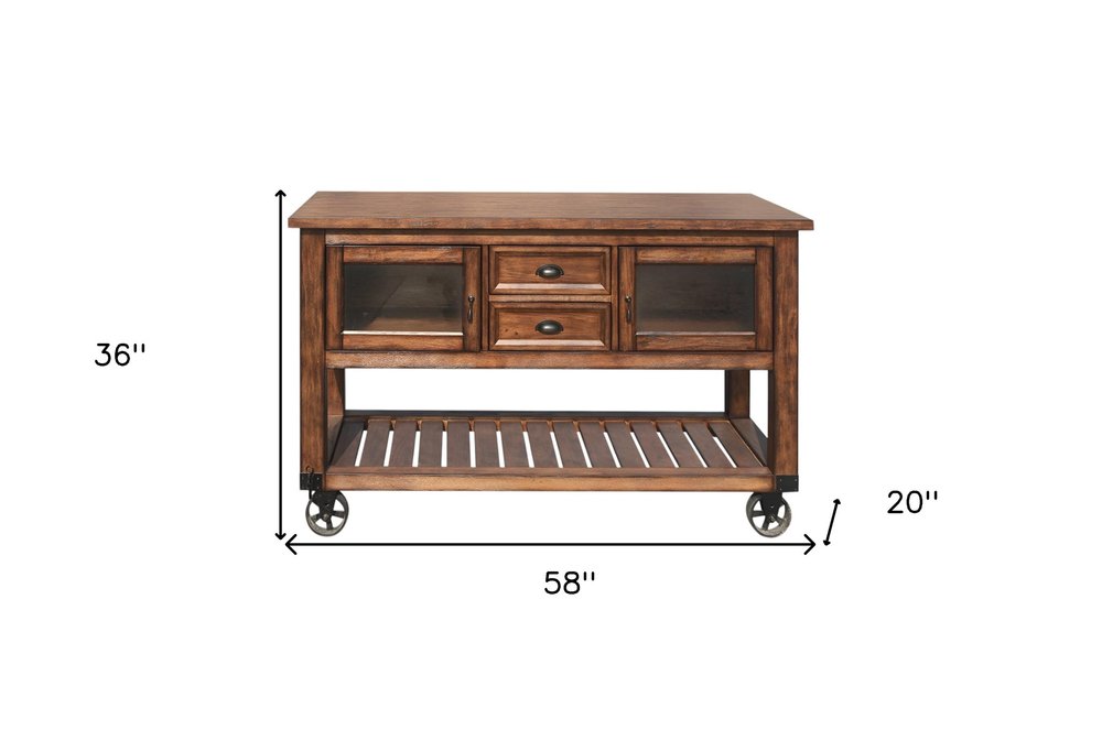 58" Rustic Brown Rolling Kitchen Cart With Storage HomeRoots