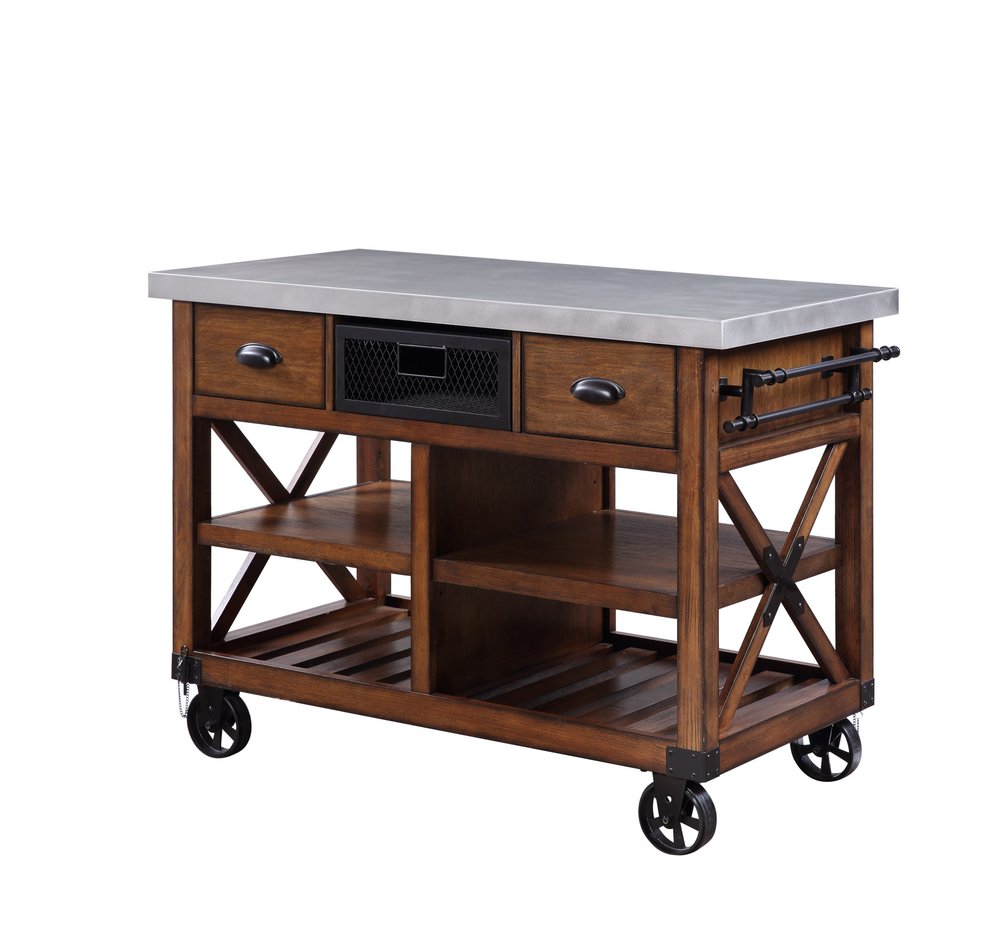 Brown And Silver 48" Rolling Kitchen Cart With Storage HomeRoots