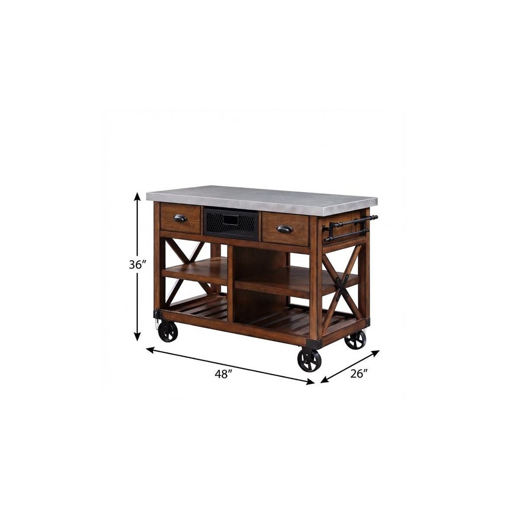 Brown And Silver 48" Rolling Kitchen Cart With Storage HomeRoots