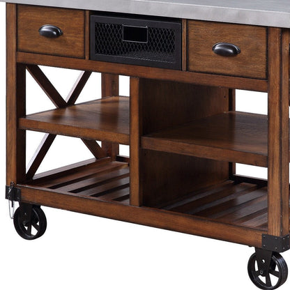 Brown And Silver 48" Rolling Kitchen Cart With Storage HomeRoots
